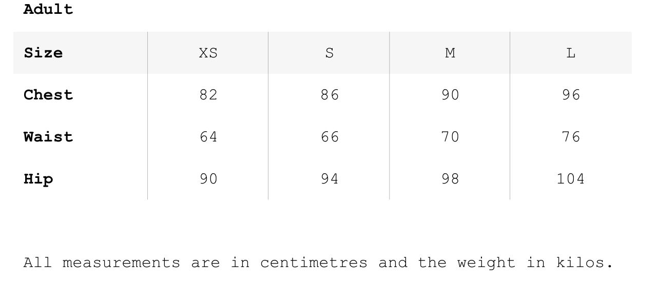 Table of sizes of children's clothes