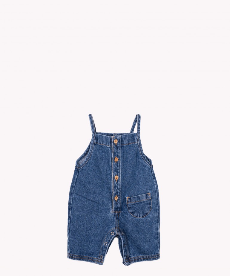 Denim dungarees with coconut shell buttons