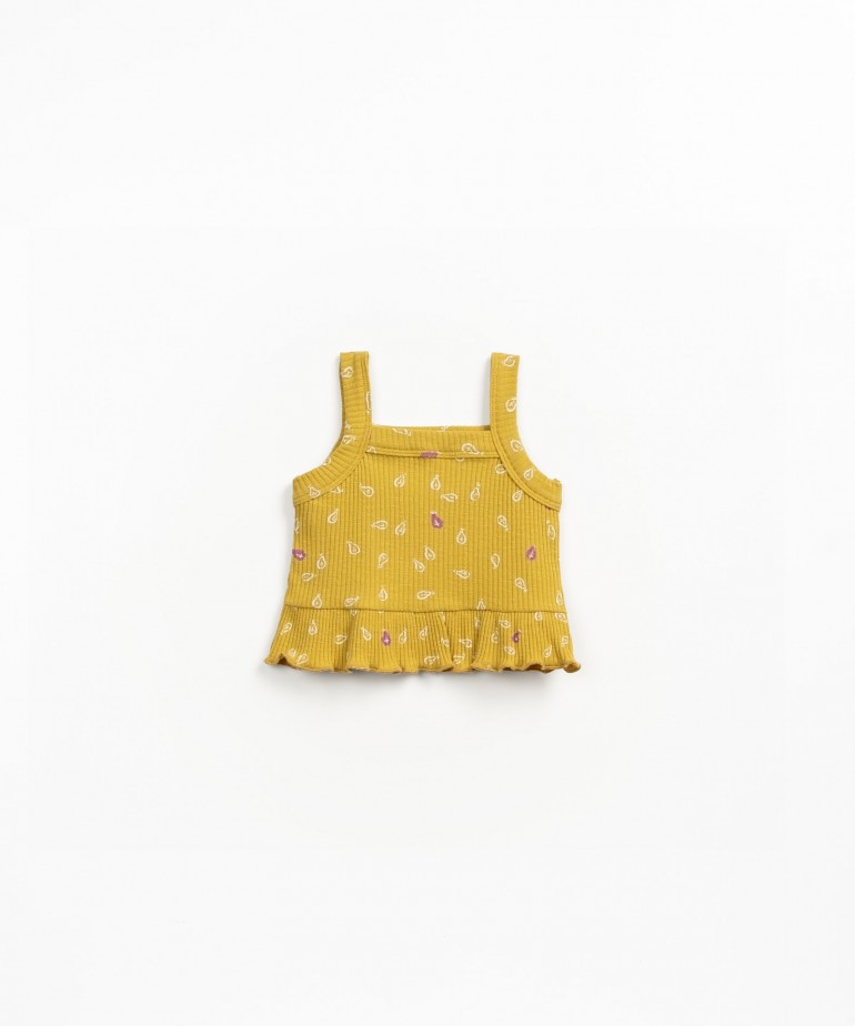 Printed strap top with gathered skirt in organic cotton and elastane