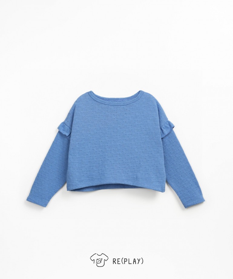 Cropped cotton sweatshirt with ruffles on the sleeves
