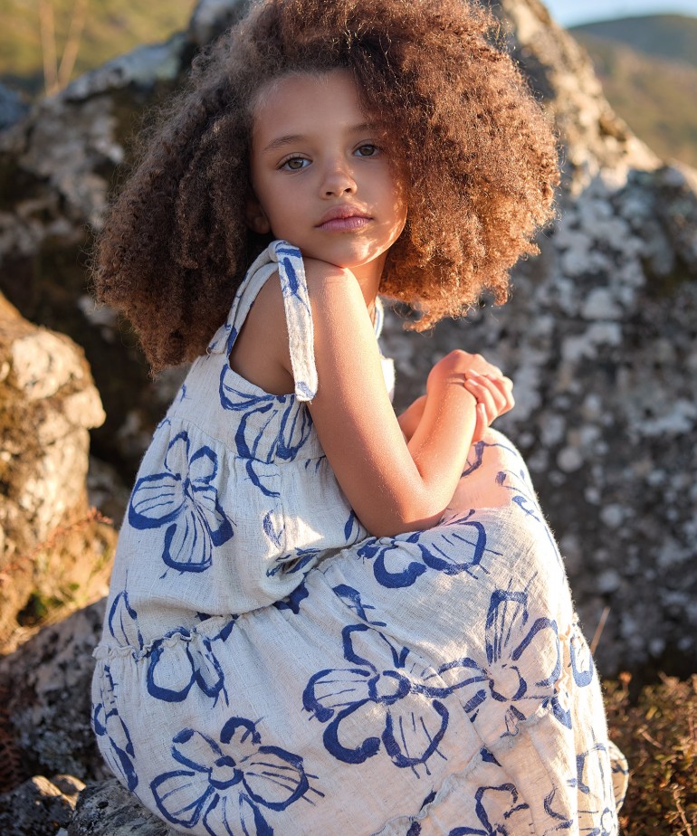 Floral pattern dress in cotton and linen