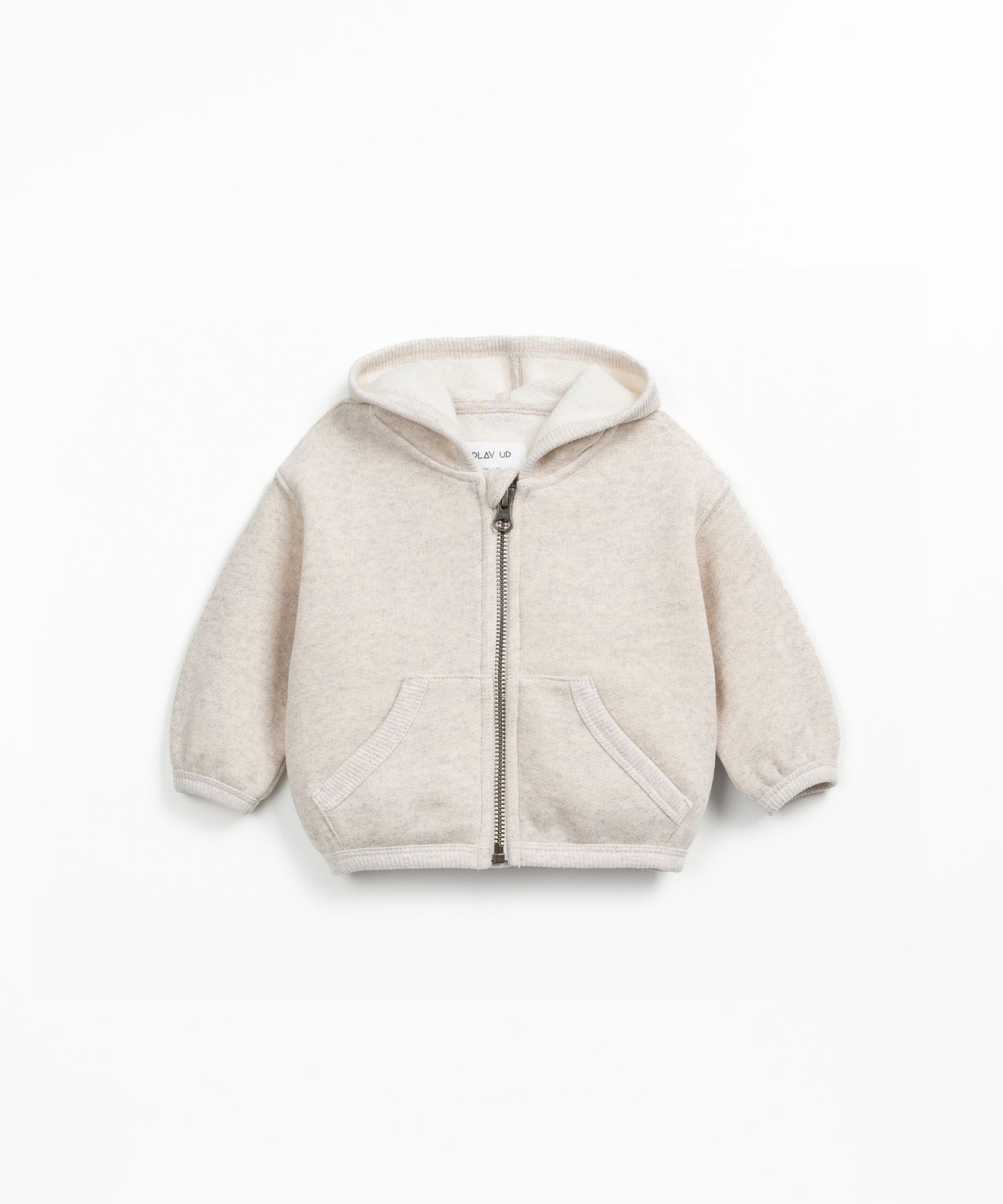 Fleece jacket in recycled cotton with hood, front zipper and side pockets