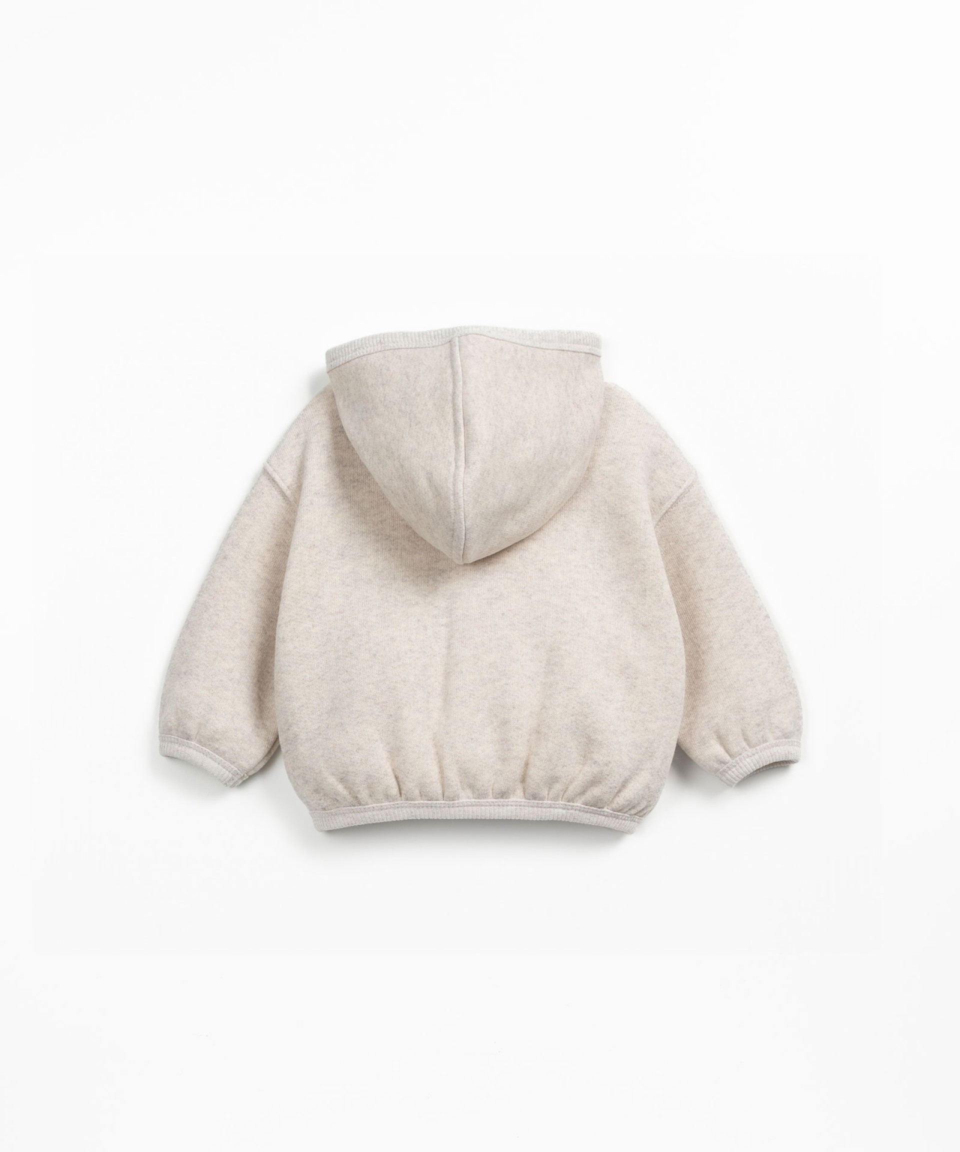 Fleece jacket in recycled cotton with hood, front zipper and side pockets