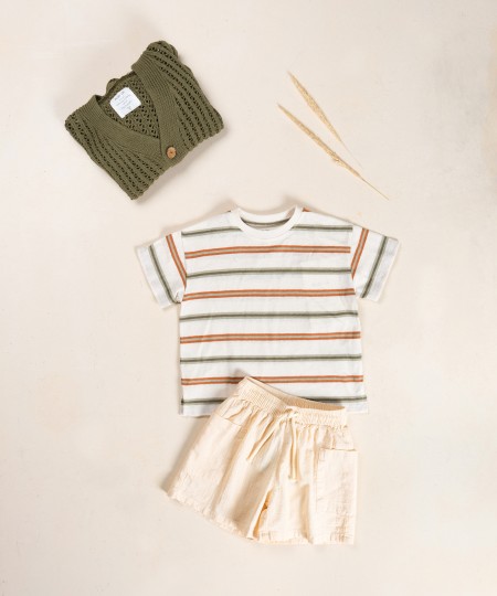 Natural fiber blend T-shirt with striped pattern