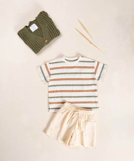 Natural fiber blend T-shirt with striped pattern